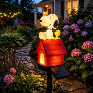 May include: A solar-powered garden light featuring a white Snoopy figure sitting on top of a red doghouse with a small yellow Woodstock figure beside it. The doghouse has a glowing yellow interior and a black solar panel attached to the side.