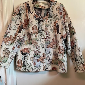 Vintage 90s Mac Scott Tapestry Jacket with Cats and Dogs | Novelty Animal Print Woven Blazer | Cottagecore Grandmacore Wearable Art, Size 46