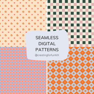 Puede incluir: Cuatro patrones digitales sin costuras que incluyen un fondo melocotón claro con pequeñas flores naranjas, un tablero de ajedrez verde oscuro y rosa claro, un tablero azul y naranja, y un patrón de diamantes naranja con flores y lazos. El texto dice SEAMLESS DIGITAL PATTERNS @creatingforfunMX.
