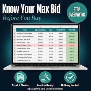 Planilha para revendedores - Calculadora de lances em leilões no eBay, Vinted e Depop | Ferramenta de lance máximo no Google Sheets e Excel