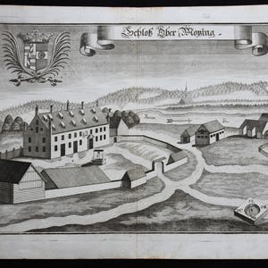 May include: A black and white engraving depicting a manor house with the text "Schloß über Wößing" above it. The manor is surrounded by a fence and a moat. There are trees and a compass in the background.