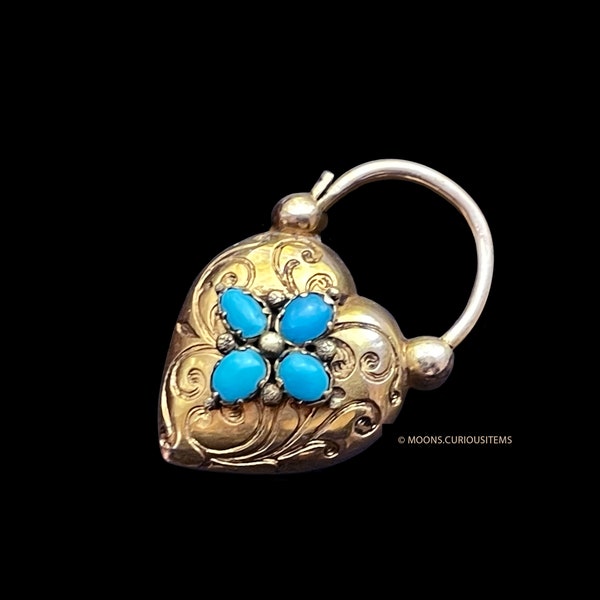 Georgian Heart Padlock -Fabulous Turquoise 14K Gold Heart Padlock Locket