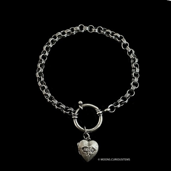 Antique Sterling Silver Bracelet & Teeny Tiny Heart Ex Voto Locket Charm
