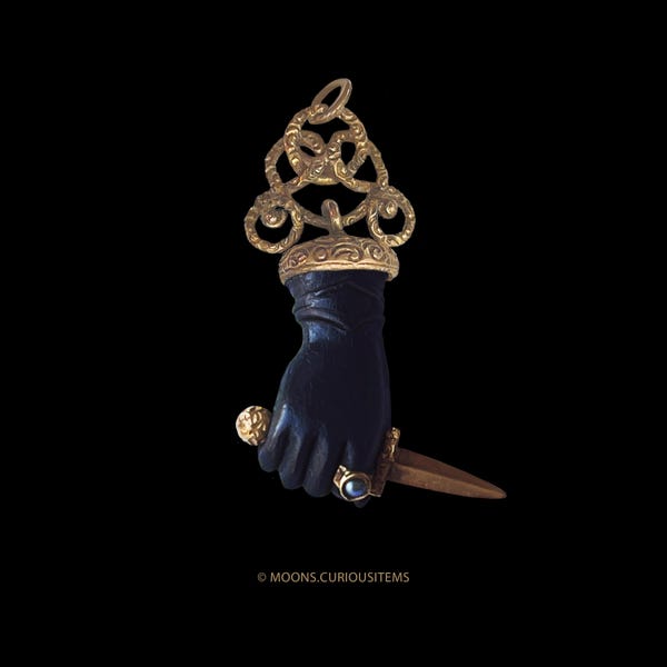 TINY Victorian  Hand Pendant with Dagger-Black Horn Hand Wearing a Pearl Ring & Detailed 14K Gold Setting