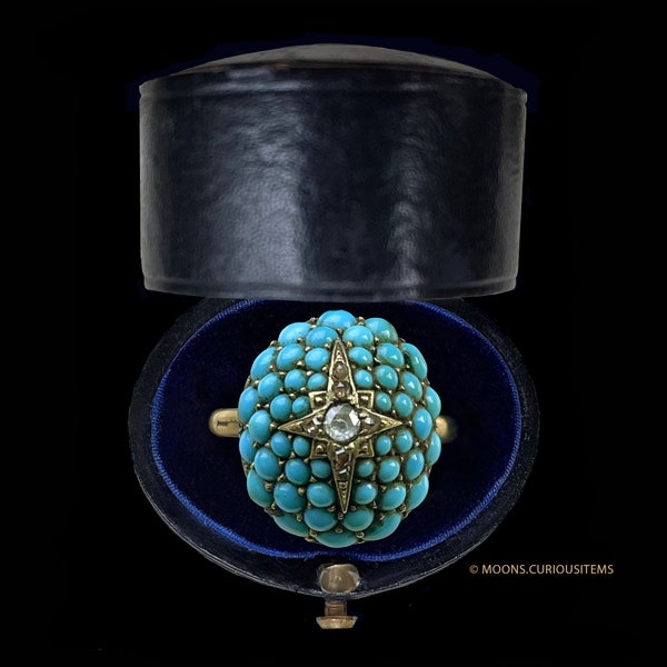 Victorian Pavé Turquoise & Diamond North Star Ring -Fabulous Bombe Gold Ring