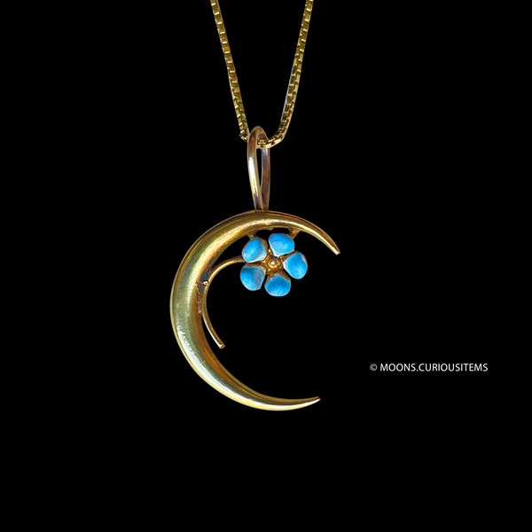 Art Nouveau 14K  Gold Moon w Flower   Pendant Charm - Enamel Blue Forget Me Not