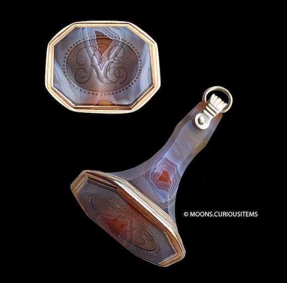 Victorian Agate Fob Seal w Beautiful Monogram-Lar… - image 1