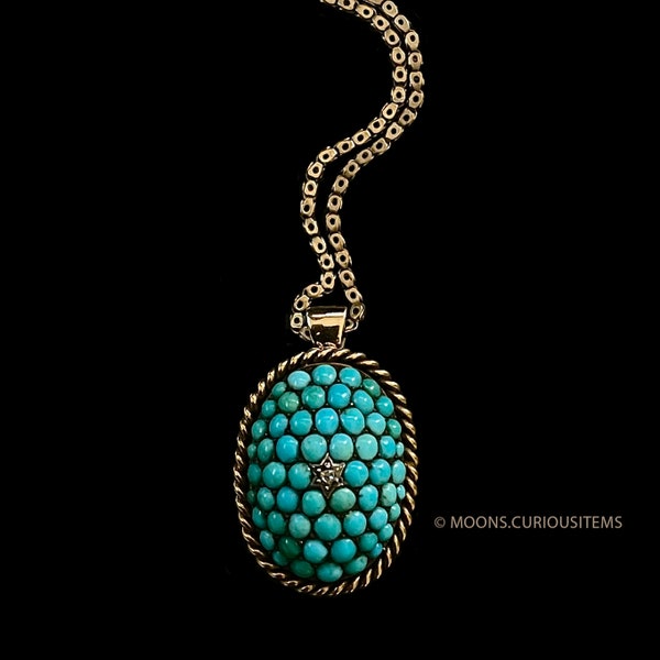 Large Antique Pavé Turquoise Locket-15K Gold w Diamond Star Center