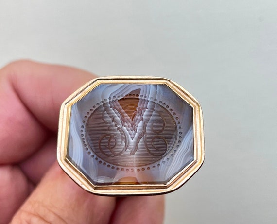 Victorian Agate Fob Seal w Beautiful Monogram-Lar… - image 3