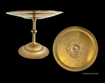 Elegant Antique Bronze Pedestal Dish W Detailed Soldier's  Profile For Display-Tazza