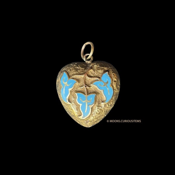 Antique 18K Gold & Enamel Heart Locket-Wonderfully Engraved w Blue Enamel Leaves