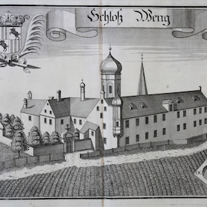 May include: A black and white engraving depicting a castle with a tower and a coat of arms. The text "Schloß Weng" is above the castle.