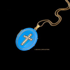 Antique Blue Enamel Locket w Seed Pearl Cross Decoration