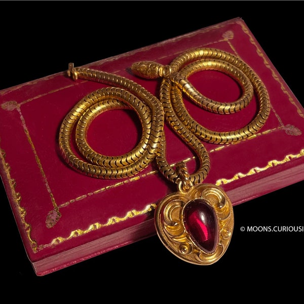 Victorian 18K Gold Garnet Heart Necklace On Fabulous Slinky Snake Chain-Very Fine Quality