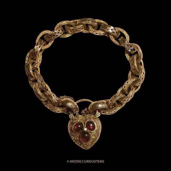 Fabulous Victorian Solid Gold Garnet Heart Padlock on Solid Gold  Chunky Bracelet