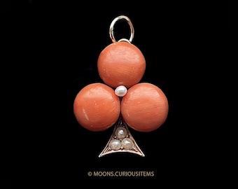 Antique Coral Clover Pendant-Coral & Seed Pearls Set In 14K Gold