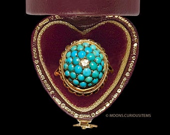 Victorian Pavé Turquoise & Diamond Ring -Persian Turquoise Bombe Shape