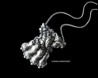 Silver Lion&#39;s Paw Necklace c 1830-Original- Formerly a Cape Clasp-Intricately Decorated Fabulous Lion&#39;s Paw Necklace On 30 inch Woven Chain
