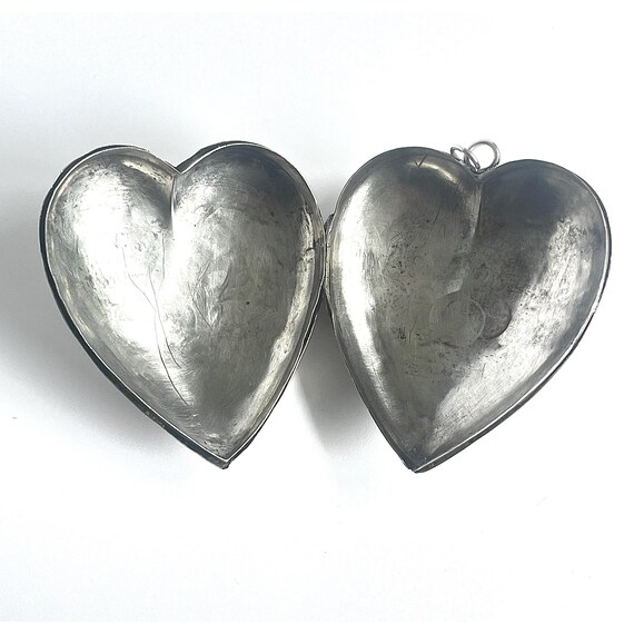 Antique French Heart Ex Voto, Solid Silver Opening Sacred Heart With Beautiful Engravings & Monogram View 3