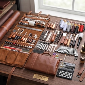 May include: A comprehensive leatherworking kit featuring a brown leather tool roll, various metal punches, chisels, needles, spools of thread in multiple colors, a mallet, and a small organizer box. A brass plaque reads MASTER LEATHERCRAFT CO.