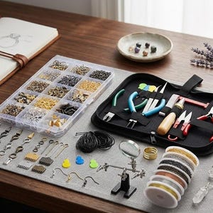 May include: A jewelry making kit featuring a clear plastic organizer box filled with various metal jump rings and clasps, a black zippered case containing pliers and tools, a magnifying glass stand, spools of wire, and assorted jewelry findings.