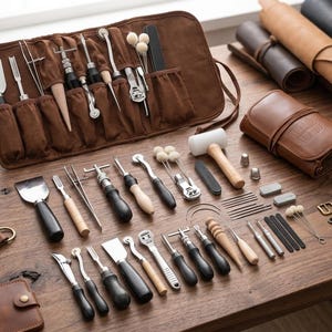 Könnte beinhalten: Ein umfassendes Lederbearbeitungs-Werkzeugset mit verschiedenen Metallinstrumenten mit Holz- und schwarzen Griffen, darunter Rillenzieher, Kantenformer, Ahlen und ein Hammer. Das Set enthält eine braune Stoff-Rolltasche und Lederrollen.