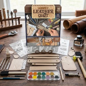 May include: An 80-piece ABMSY Leather Craft kit box featuring tools and materials. The set includes leather strips, a wooden hammer, a paint palette, metal stamps, needles, thread, and instruction sheets. Various leather rolls and a tool rack are visible.