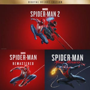 Może przedstawiać: Kolekcja gier wideo w cyfrowej edycji deluxe zawierająca Marvel Spider-Man 2, Marvel Spider-Man Remastered oraz Marvel Spider-Man Miles Morales. Grafika przedstawia postacie Spider-Mana w dynamicznych pozach z pajęczynami i efektami.
