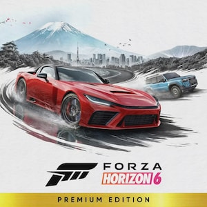 Könnte beinhalten: Ein Videospiel-Cover für Forza Horizon 6 Premium Edition mit einem roten Sportwagen, der auf einer nassen Straße driftet, und einem hellblauen SUV im Hintergrund. Die Szene zeigt einen Berg, eine Skyline und den Text Forza Horizon 6 Premium Edition.