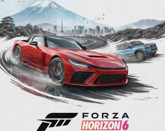 Könnte beinhalten: Ein Videospiel-Cover für Forza Horizon 6 Premium Edition mit einem roten Sportwagen, der auf einer nassen Straße driftet, und einem hellblauen SUV im Hintergrund. Die Szene zeigt einen Berg, eine Skyline und den Text Forza Horizon 6 Premium Edition.