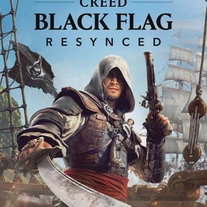 Könnte beinhalten: Ein digitales Poster für Assassin's Creed Black Flag Resynced mit einer Kapuzenfigur in historischer Kleidung, die eine Steinschlosspistole und einen gebogenen Säbel hält. Eine schwarze Piratenflagge mit Totenkopf und ein Segelschiff sind zu sehen.