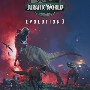 Puede incluir: Un póster promocional de Jurassic World Evolution 3 que muestra un gran Tyrannosaurus Rex rugiendo en el centro, flanqueado por dos raptores más pequeños en primer plano. El fondo muestra un cielo rojo fuego y azul oscuro con pterosaurios.