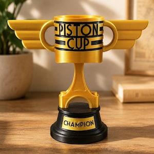May include: A gold and black trophy featuring a central cup with the text PISTON CUP, two horizontal wings extending from the sides, and a base with a plaque reading CHAMPION. The structure is supported by a central pillar resembling a piston.