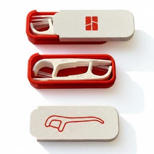 May include: Two rectangular red plastic cases containing white dental floss picks. One case is open, revealing the white picks inside, while the other is closed with a textured beige lid featuring a red graphic of a floss pick and a 3M logo.