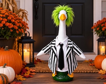 Striped Goose Outfit Only for 23 Inch Porch Goose, Black White Jacket, Green Wig and Tie, Halloween Porch Decor