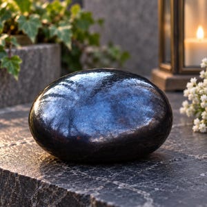 May include: A smooth, rounded, dark metallic object with a reflective, hammered surface texture. The object has a deep, iridescent blue and black finish that catches the light, creating a polished appearance with subtle variations in color.