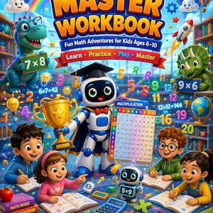 May include: A Multiplication Master Workbook cover featuring a blue robot holding a gold trophy, a green dinosaur, and children studying maths. The title text reads Multiplication Master Workbook, Fun Math Adventures for Kids Ages 6-10, and SamQuillStudio.