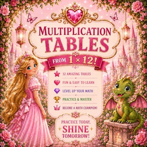 May include: A poster titled Multiplication Tables from 1 x 12! featuring a blonde character in a pink gown and a green dragon. The text includes 12 Amazing Tables, Fun & Easy to Learn, Level Up Your Math, Practice & Master, Become a Math Champion!, and Practice Today, Shine Tomorrow!
