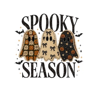 May include: A graphic design featuring the text SPOOKY SEASON in black letters. Three ghost figures are centered, with the left ghost in a brown and green floral pattern, the middle in beige with black bows, and the right in black with orange pumpkins.
