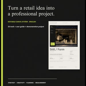 Puede incluir: Un documento digital negro titulado VM TOOLKIT PRO - VISUAL MERCHANDISING con el texto Turn a retail idea into a professional project. Incluye un sistema Canva editable, 23 herramientas, una guía de usuario y una página de proyecto.