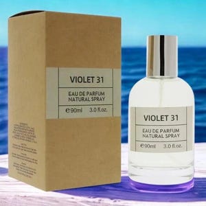 May include: A clear glass perfume bottle with a silver cap and a rectangular label reading VIOLET 31 EAU DE PARFUM NATURAL SPRAY 90ml 3.0 fl.oz. next to a matching rectangular cardboard box with the same text and ingredient information printed.