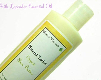 May include: A bottle of natural lotion with a white cap and a yellow and white label. The label reads "Natural Lotion Organic Shea Butter" and "Back to Naturals". The text "With Lavender Essential Oil" is above the bottle.