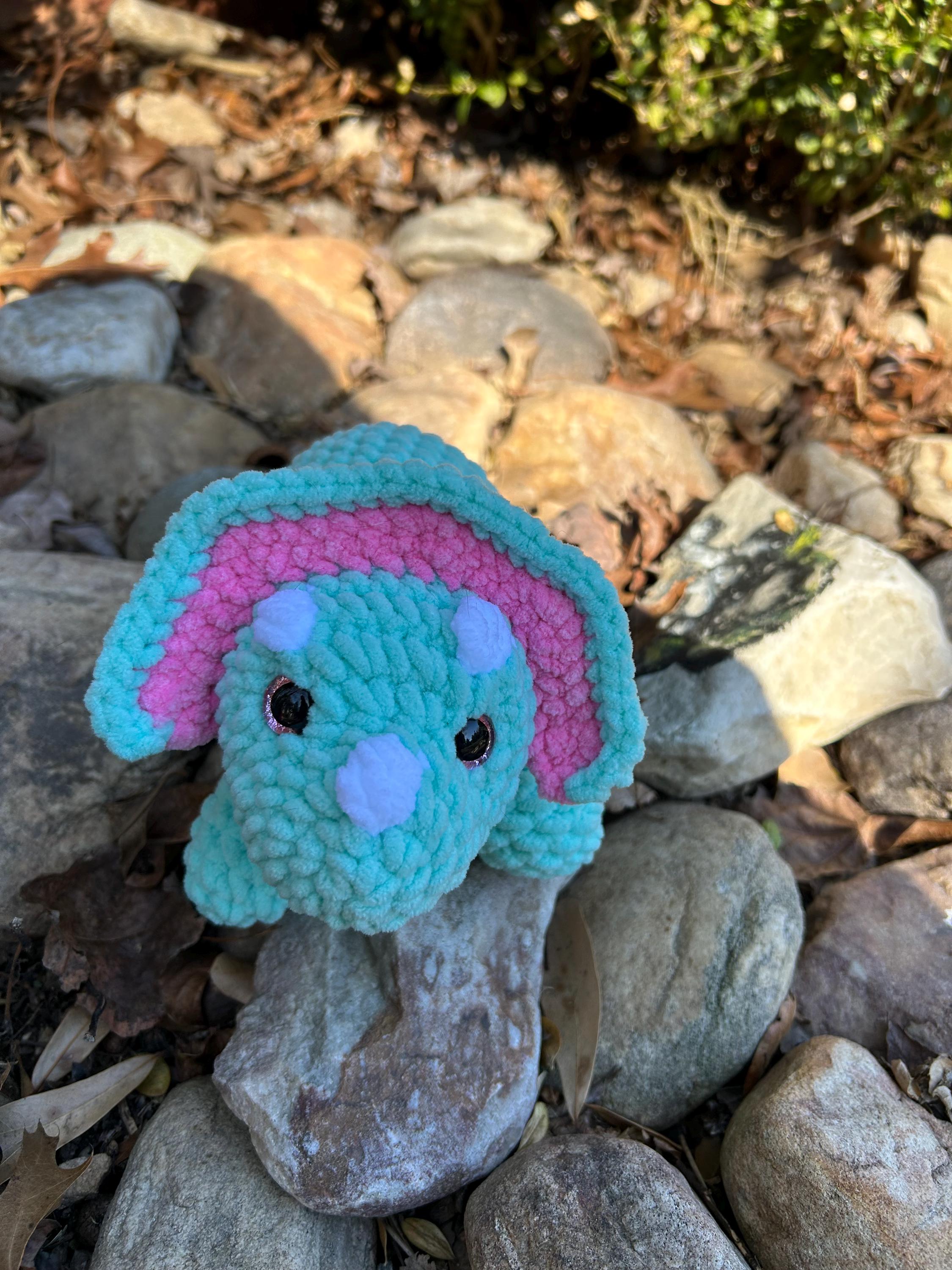 Handmade crochet  seafoam green and pink  triceratops