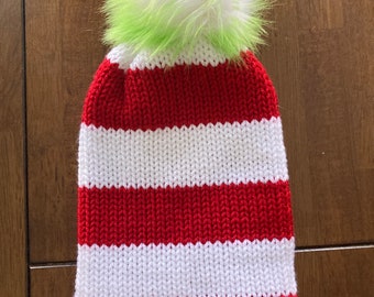 Cappello da Grinch a strisce rosse e bianche fatto a mano
