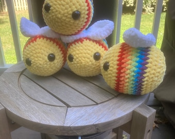 Handmade crochet rainbow bee - KayteDids pattern