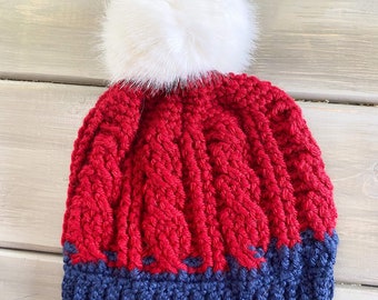 Burgundy and navy  crochet beanie with white fuzzy pom-pom perfect cozy hat