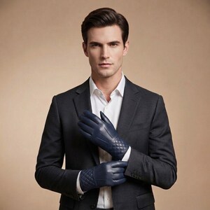 Peut inclure: Une paire de gants en cuir bleu foncé avec un motif matelassé en losanges sur le poignet et trois lignes verticales cousues sur le dos de la main. Les gants sont portés avec une chemise blanche à col et une veste de costume gris anthracite.