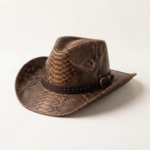 Könnte beinhalten: Ein brauner Cowboyhut mit einer strukturierten Schlangenhaut-Optik auf der Krone und der Krempe. Der Hut verfügt über ein dunkelbraunes Lederband um die Basis, das mit kleinen Metallnieten und einer rechteckigen Metallschnalle verziert ist.