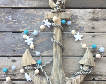 Starfish, by the sea, Beach, boys nursery, Holiday Felt Ball Garland, Pom Pom Garland, Nursery Decor, Bunting Banner, Party Decor