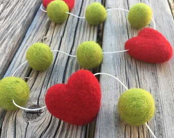 Heart Christmas Holiday Felt Ball Garland, Pom Pom Garland, Nursery Decor, Bunting Banner, Party Decor